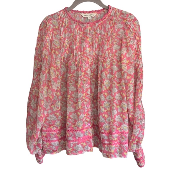 Anthropologie RannaGill Pink Floral Boho Pintuck Crochet Lace Chiffon Top S - Picture 3 of 13